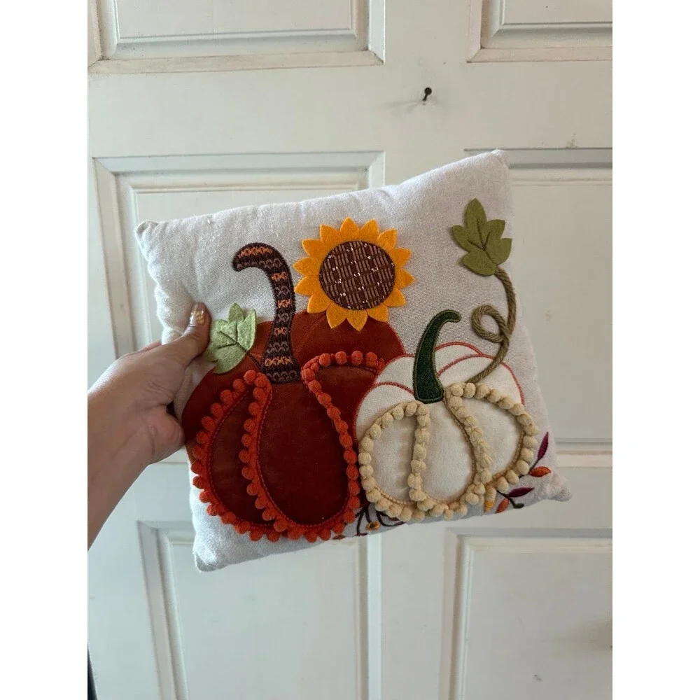 Pair Of Fall Harvest Pumpkin Embellished Embroidered Mix Media 3D Mini Pillows